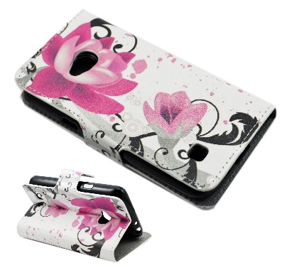 LG L50 D213N - Leather Wallet Stand Case White With Purple Flowers (OEM)