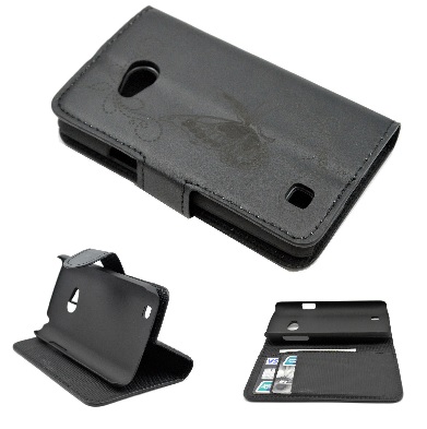 LG L50 D213N - Leather Wallet Stand Case Black With Butterflies (OEM)