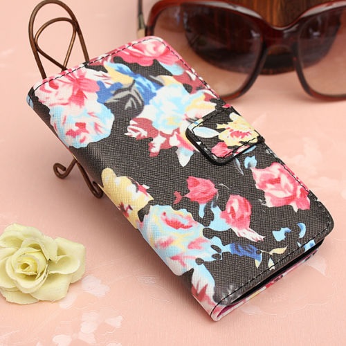 LG L65 L70 - Leather Stand Wallet Case Black  With Flowers (OEM)