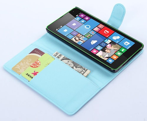 Microsoft Lumia 535 - Leather Wallet Stand Case Light Blue (OEM)