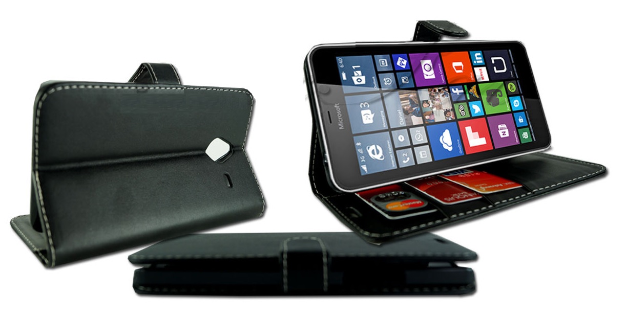 Microsoft Lumia 640 XL - Leather Wallet Stand Case Black (OEM)