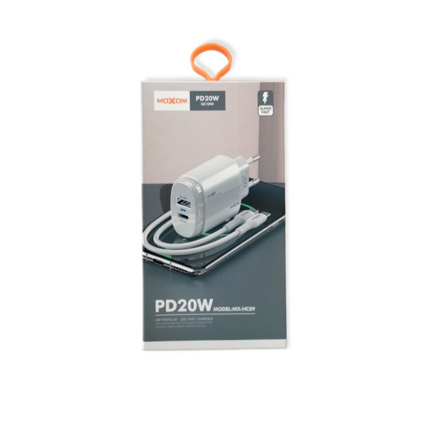 Moxom Charger with USB-A Port and USB-C Port and USB-C Cable 20W Power Delivery White (MX-HC89)