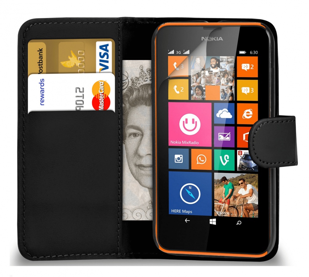 Nokia Lumia 630 / 635 - Leather Wallet Case Black (OEM)