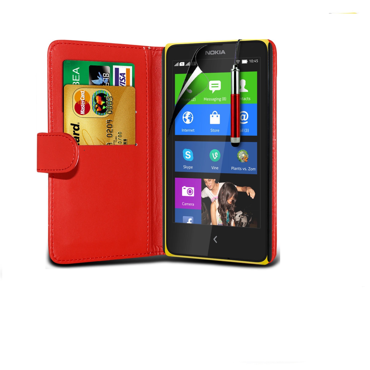 Nokia XL Dual Sim - Leather Wallet  Case Red (OEM)