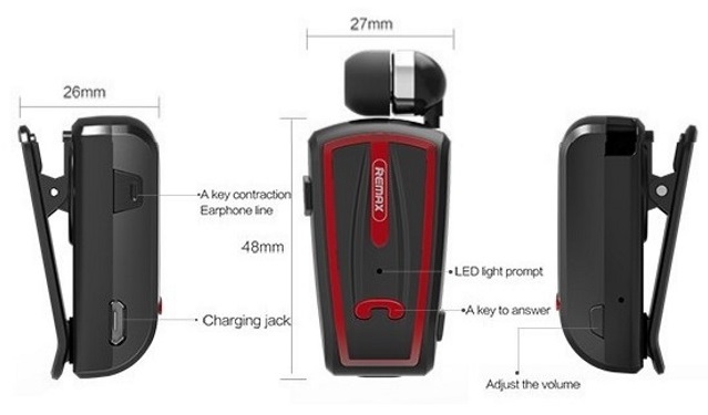 Remax RB-T12 Stereo Bluetooth Μονό Ακουστικό με Καλώδιο που μαζεύει Μαύρο/Κόκκινο RM4-008-BLK