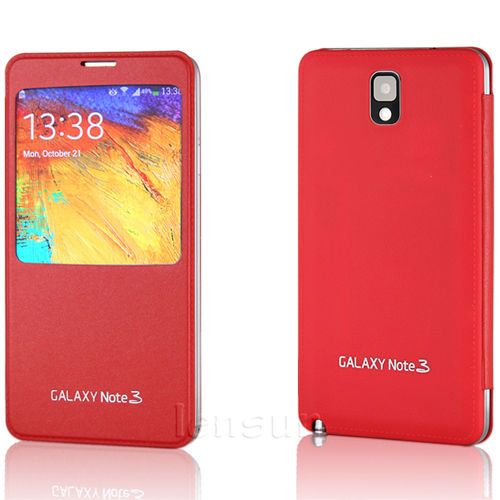 Samsung Galaxy Note 3 N9005 Flip Case with Battery Back Cover - Red Leather Case Battery Cover (OEM)