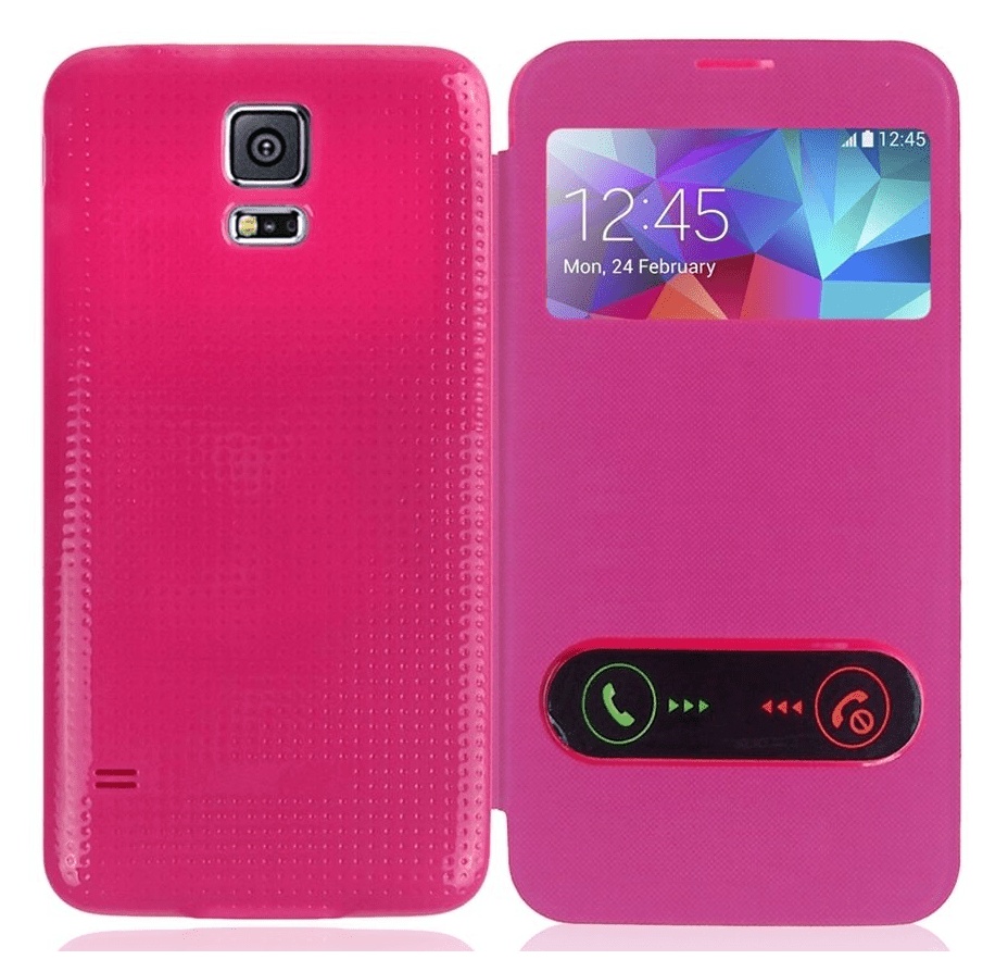 Samsung Galaxy S5 G900 S-View Flip Case with Back Cover & Battery Back Cover - Pink Battery Cover (OEM)