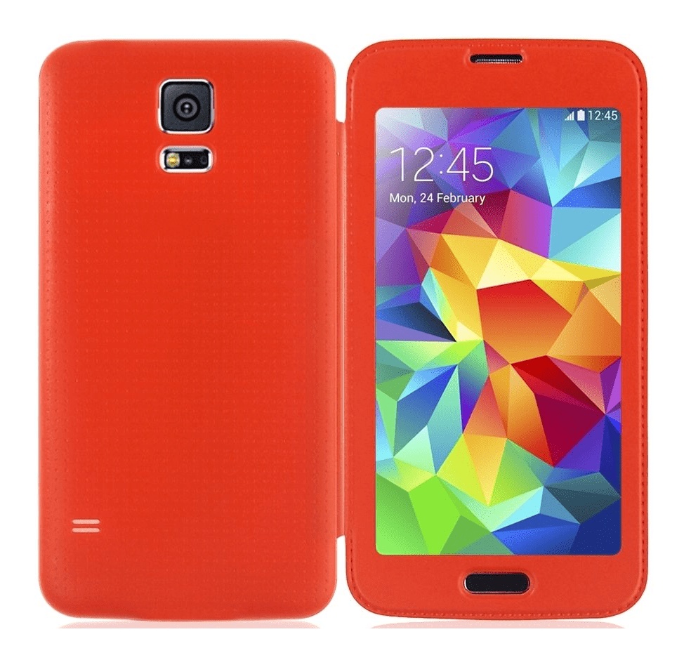 Samsung Galaxy S5 G900 S-View Full Window Flip Case with Rear Battery Back Cover - Orange Battery Cover (OEM)