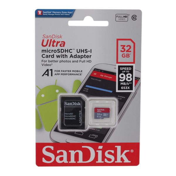 SanDisk Ultra microSDHC A1 UHS-I 32GB (98MB/s) Memory Card with Adapter (Adapt.SDSQUAR-032G-GN6MA)