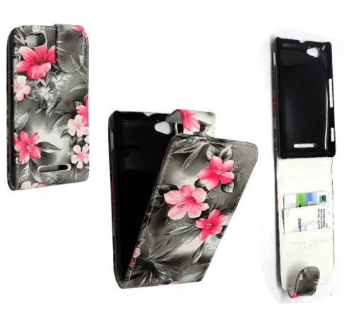 Sony Xperia M C1905 - Δερμάτινη Θήκη Flip Γκρί Με Ρόζ Λουλούδια (OEM)
