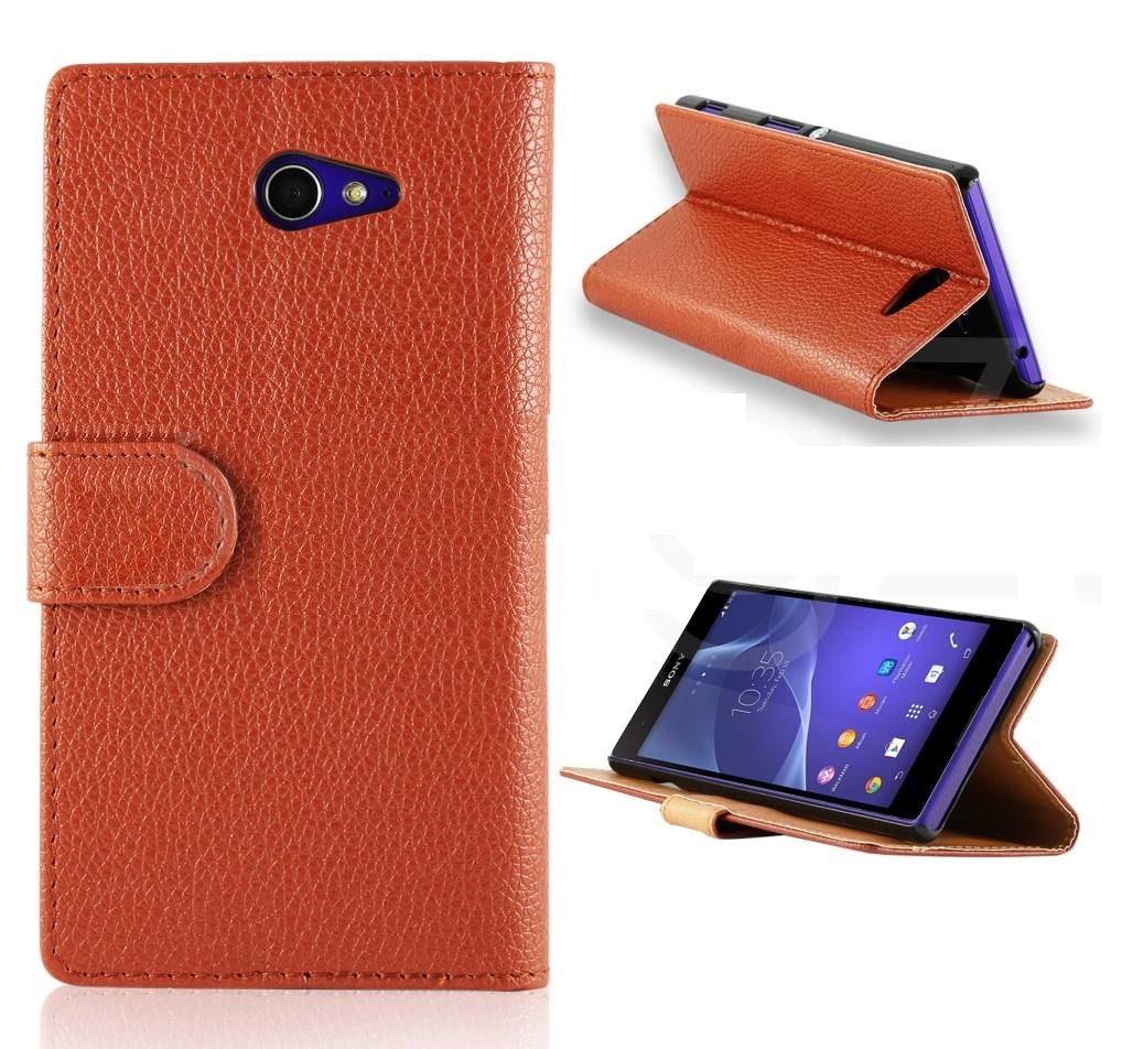 Sony Xperia M2 D2303 - Leather Wallet Stand Case Brown (OEM)
