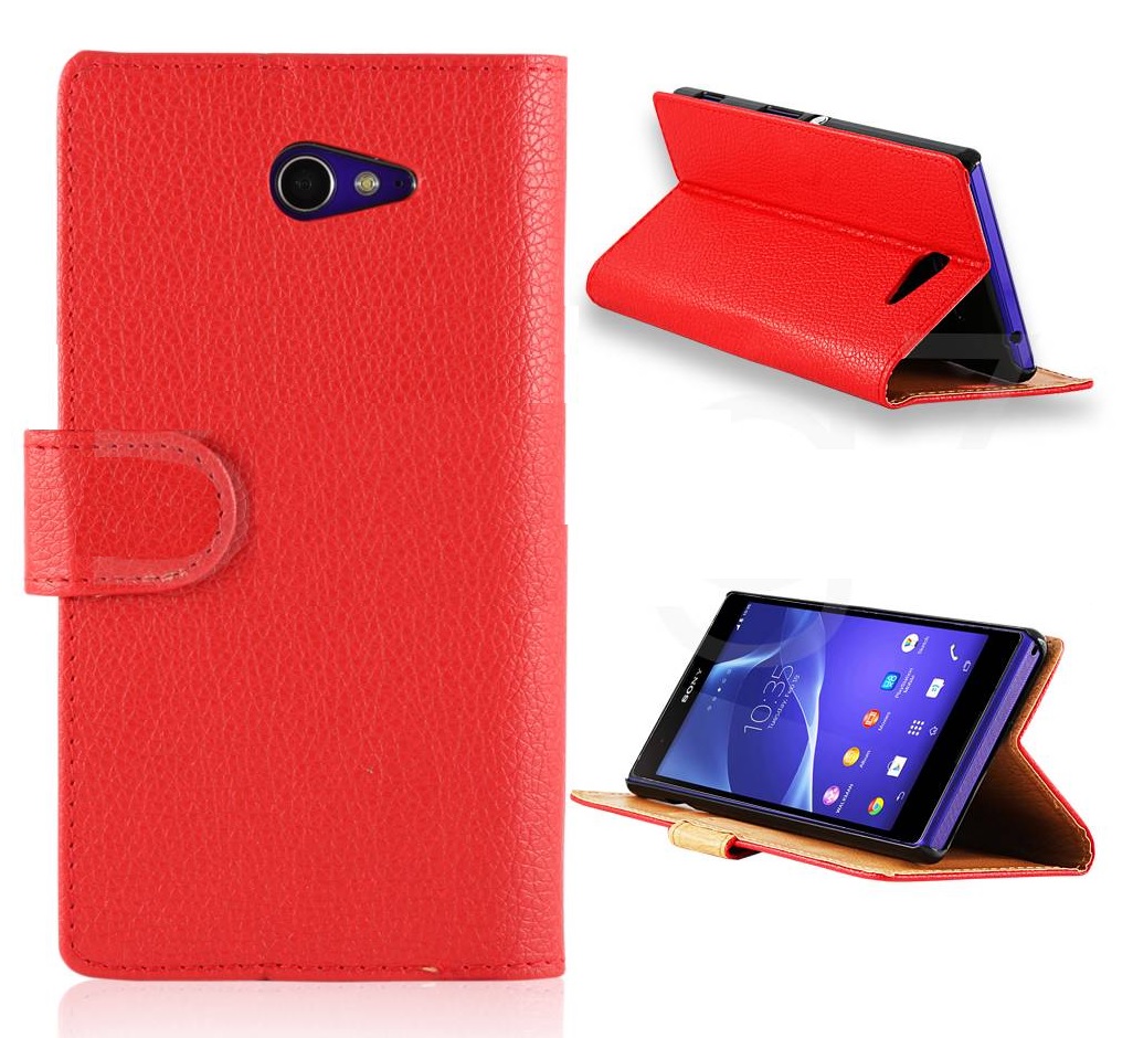 Sony Xperia M2 D2303 - Leather Wallet Stand Case Red (OEM)