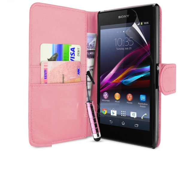 Sony Xperia Z1 Baby Pink Leather Flip Wallet Case (OEM)