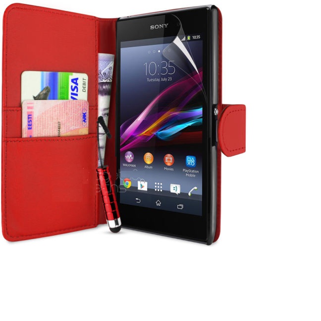 Red Sony Xperia Z1 Leather Flip Wallet Case (OEM)