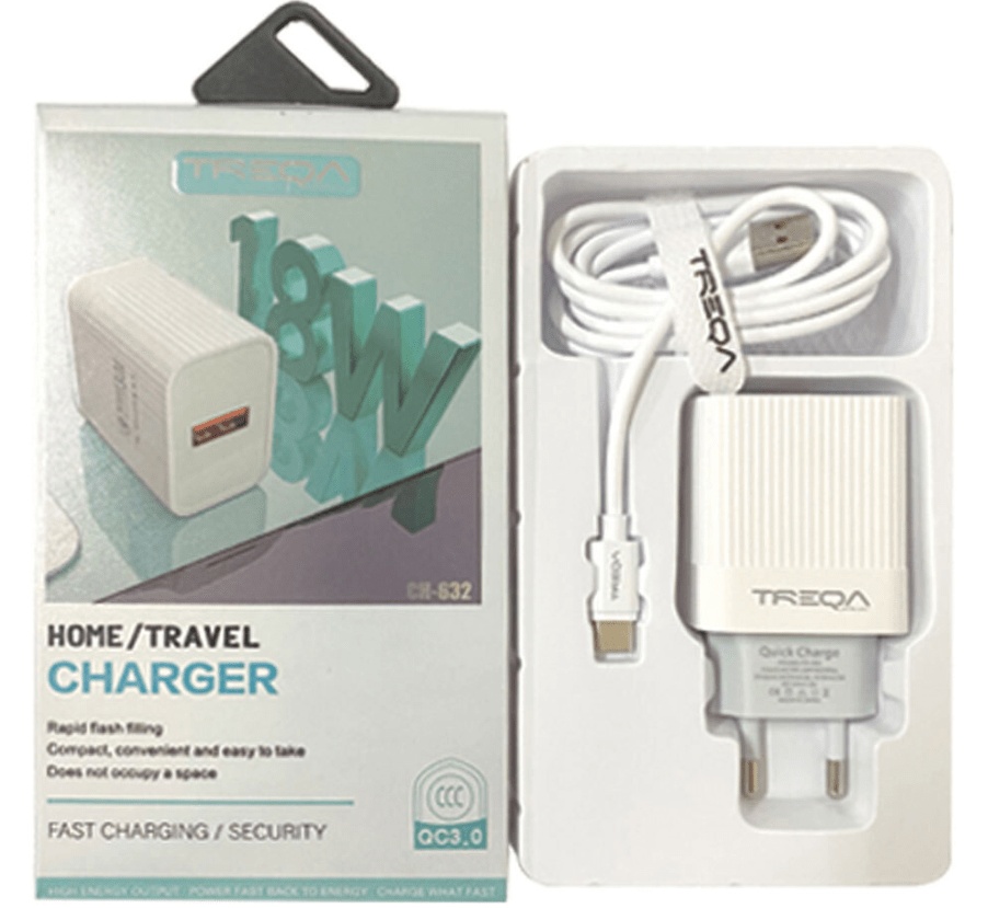Treqa Φορτιστής 1 Θύρας και Καλώδιο USB-C 18W Quick Charge 3 Λευκός (CS-632)