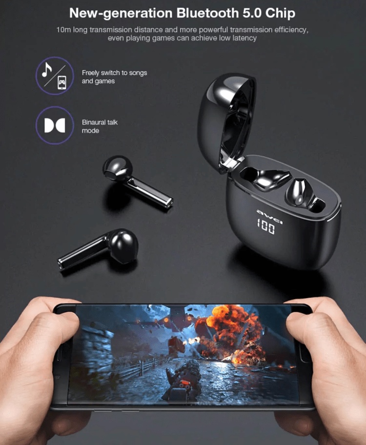 Awei T28P TWS In Ear Wireless Bluetooth Headphones with LED Indicator & Touch Function – Black