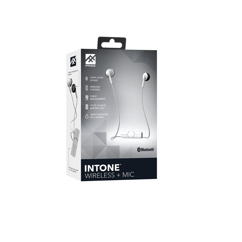iFrogz InTone Wireless + Mic Ergonomic Bluetooth Earbuds + Sweat Resistant + Magnetic Clip - White