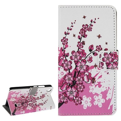 Huawei Ascend G620s Leather Wallet Stand/Case - White with Pink Flowers (OEM)