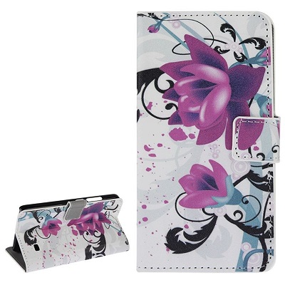 Huawei Ascend G620s Leather Wallet Stand/Case with Purple Flowers (White) (OEM)