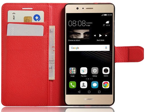 Leather Wallet Stand/Case With Silicone Back Cover for Huawei P9 Lite Red (OEM)