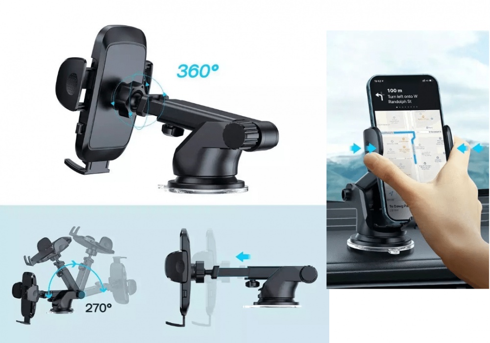 2007D2 360 Degree Car Mobile Phone Holder with Adjustable Hooks Black