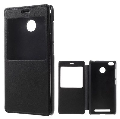 Xiaomi Redmi 3 Pro / Redmi 3S Leather Wallet Case with Window & Back Plastic Cover (Black) (OEM)