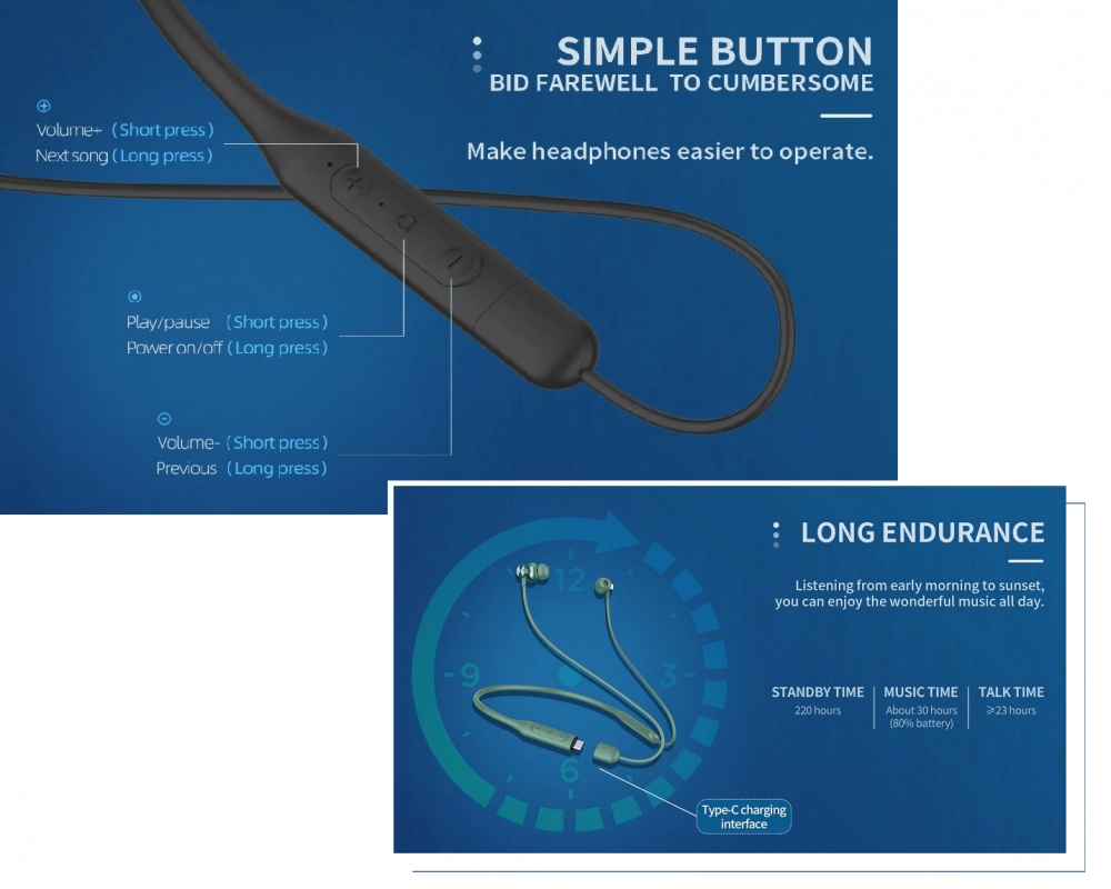 YISON earphones E20 with magnet, Bluetooth, 12mm, 250mAh, green