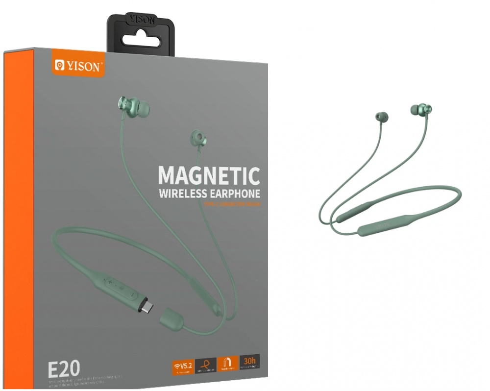YISON earphones E20 with magnet, Bluetooth, 12mm, 250mAh, green