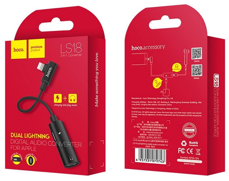 Αντάπτορας Hoco LS18 2 σε 1 Lightning σε Lightning Θηλυκό και 3,5 mm Θηλυκό Μαύρο