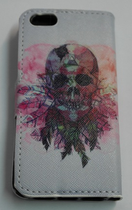 iPhone 5/5S - Leather Wallet Case Light Blue With Skull (OEM)