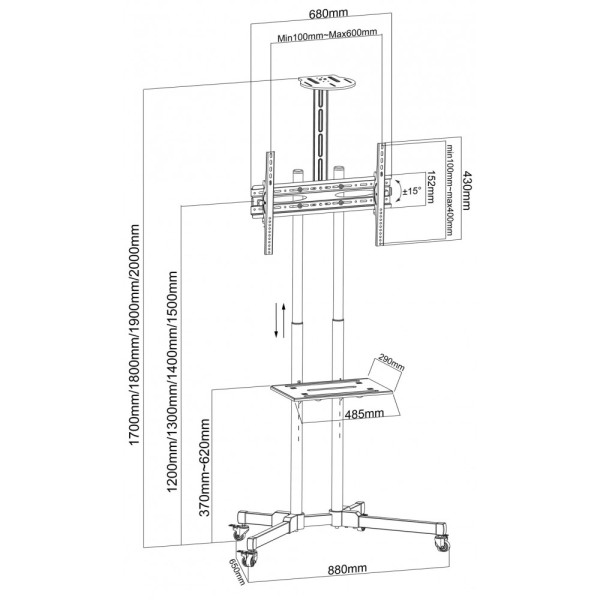 TECHLY ICA-TR216T WHEEL STAND WITH SHELF FOR LCD/LED/PLASMA 37-70'