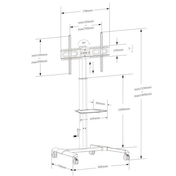 TECHLY ICA-TR228 WHEEL STAND FOR LCD/LED/PLASMA TV 32-70' WITH SHELF AND HEIGHT ADJUSTMENT