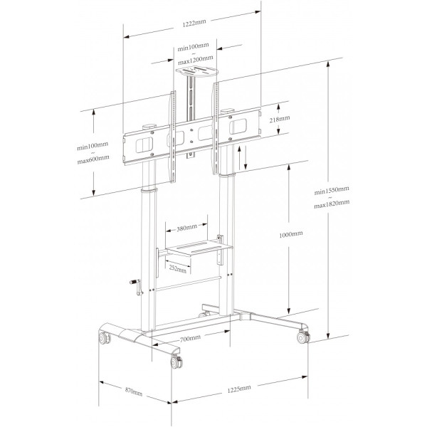 TECHLY ICA-TR230 HEIGHT ADJUSTABLE WHEEL STAND FOR TVS FROM 52' TO 110'' WITH SHELF