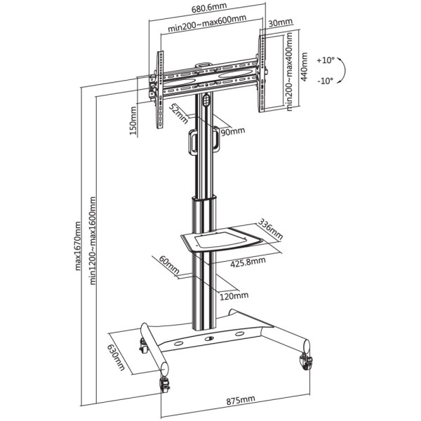 Techly ICA-TR35 Adjustable wheeled stand with shelf LCD TV / LED 32-65