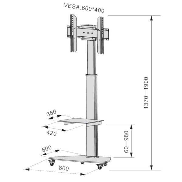 Techly ICA-TR3SL Adjustable Telescopic TV Stand With Wheels LCD / LED / PLASMA 37-70 Silver Adjustable Height Up to 1.90