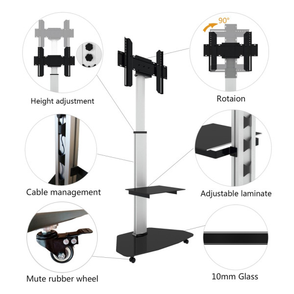 Techly ICA-TR3SL Adjustable Telescopic TV Stand With Wheels LCD / LED / PLASMA 37-70 Silver Adjustable Height Up to 1.90