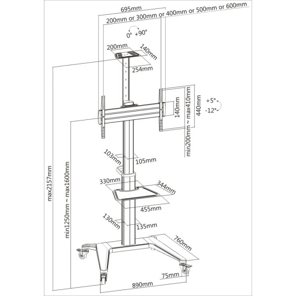 Techly ICA-TR48W TV stand with wheels 37