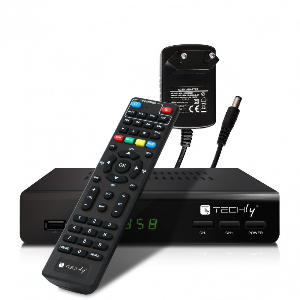 TECHLY IDATA TV-DT2MB DVB-T/T2 H.265 HEVC 10bit Μεταλλικός Ψηφιακός Επίγειος Δέκτης Αποκωδικοποιητής με Τηλεχειριστήριο 2 σε 1 και Τροφοδοτικό 12V