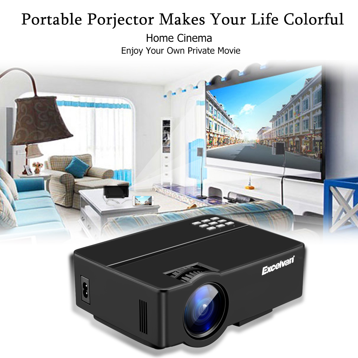 Exvelvan 3000 Lumen Full HD 1080P LED Projector Home Theater HDMI SD USB VGA