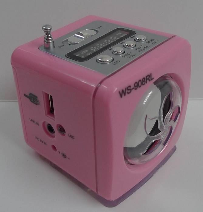 Pink Mini MP3/FM Radio Speaker with Built-in MP3 Player & FM Radio, USB/SD Card Playback (OEM-WS-908RL)
