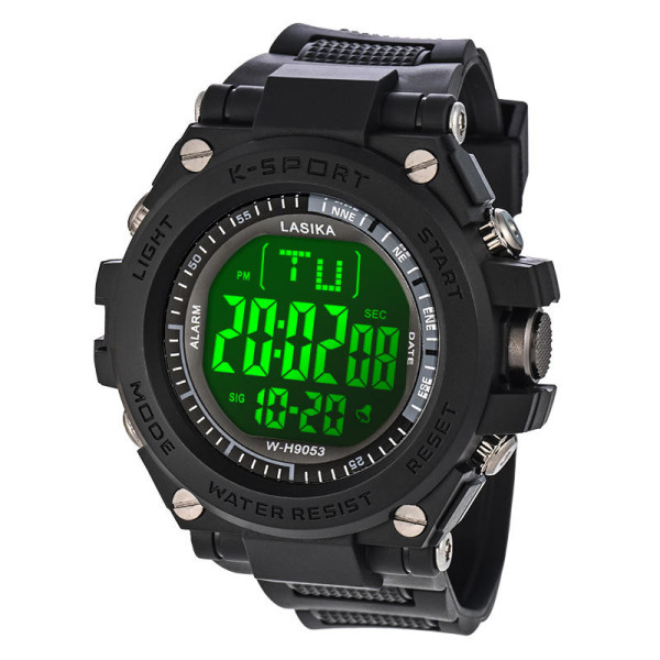 LASIKA W-H9053 Men's Sport Digital Compass Watch Shockproof Resin Band Water-Resistant Alarm Feature 50mm Dial for Climbing Black