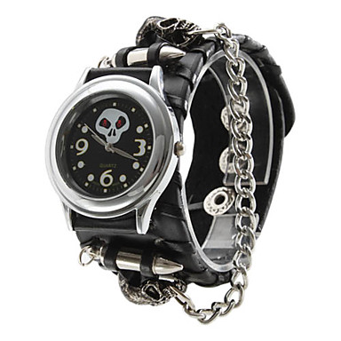 Unisex Skeleton Analog Quartz Watch with Black Leather Strap & Chains (OEM) (BULK)